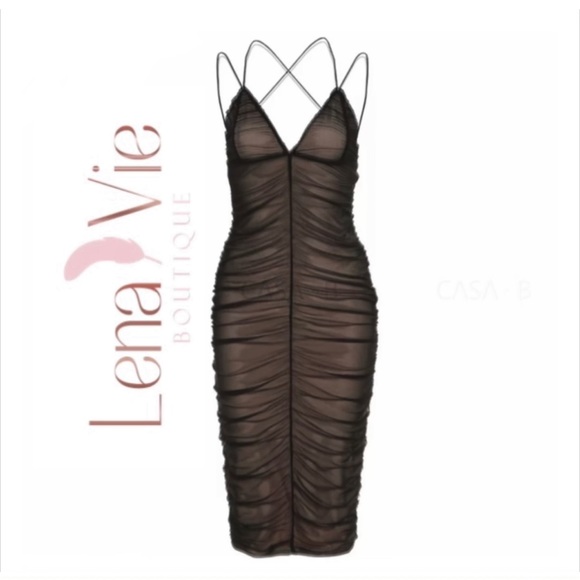 Sicily Black Bodycon Sexy Lined Cinch Double Mesh Midi Dress, Little Black Midi - Picture 2 of 12